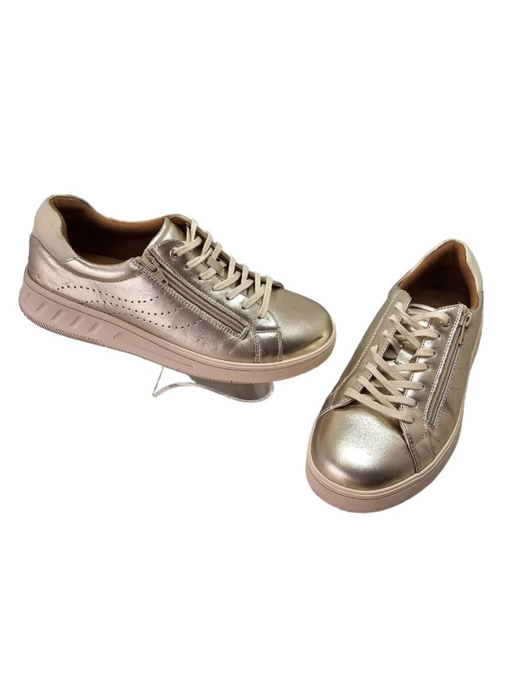 Hush Puppies Spin Gold Metallic Leather Sneakers Women 9.5M Genius Fit Side Zip